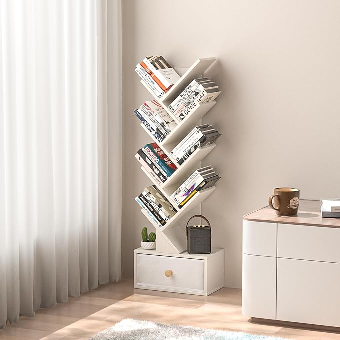 8 Tier Tree Bookshelf with Drawer, Free Standing Wood Bookcase - Image 2