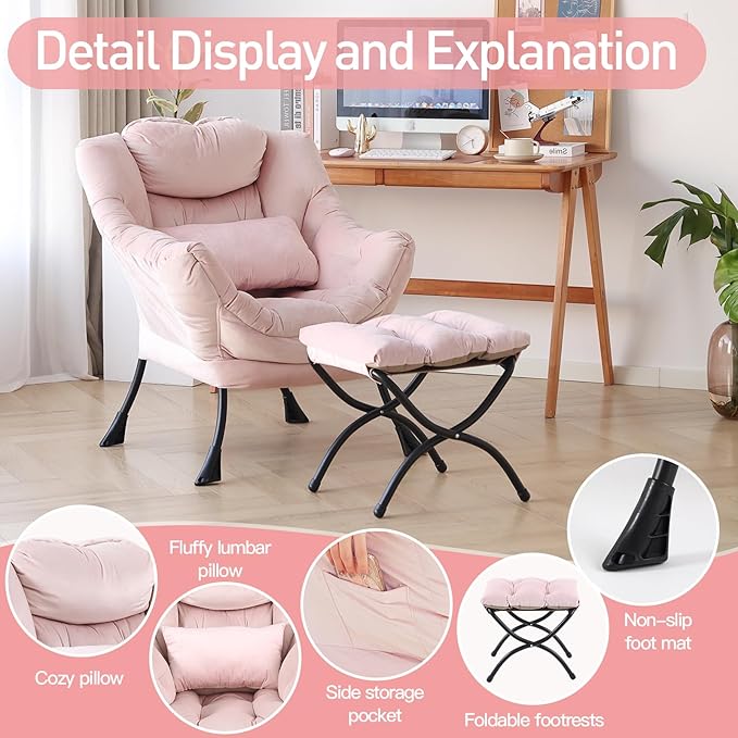 Lazy Chair with Ottoman, Modern Accent Chair with Lumbar Pillow, Comfy Chairs - Image 8