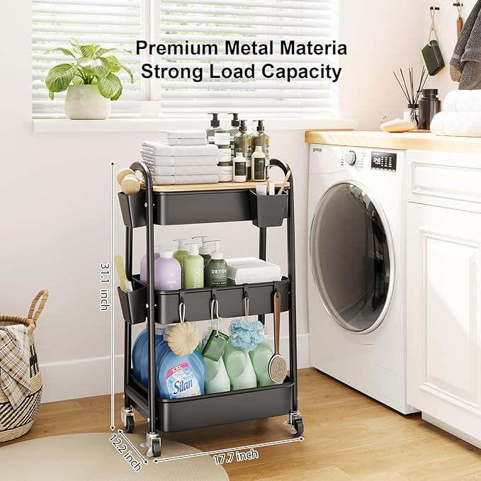 3 Tier Metal Rolling Cart with Wheels and Wooden Table Top, Three Tiered Craft - Image 4
