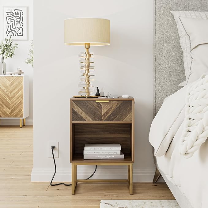 Masupu Nightstand with Charging Station, Modern Night Stand Boho Farmhouse Wood - Image 8
