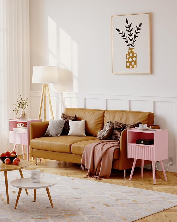 Nightstand with Oultlet, Modern Bedside Table with Storage Drawer and Open Wood - Image 5