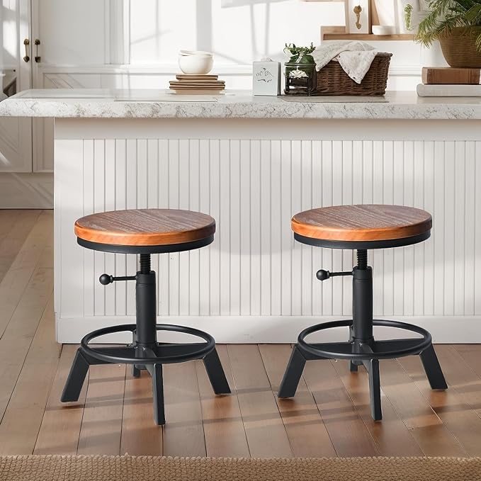 Set of 2 Industrial Bar Stools Short Stool Swivel Wooden Seat Kitchen Island by BOKKOLIK