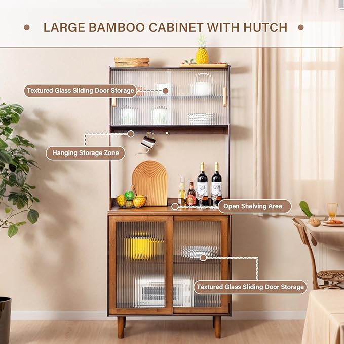 Tiita Kitchen Hutch with Countertop, 69” Rattan Solid Wood Pantry Cabinet with - Image 9