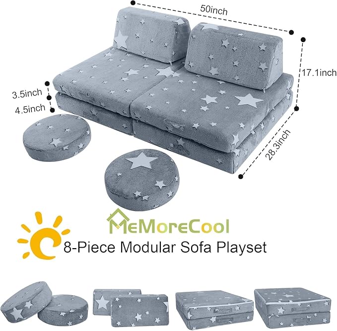 MeMoreCool 8-Piece Kids Modular Play Couch — Glow-in-The-Dark Star Foam Sofa Set - Image 3