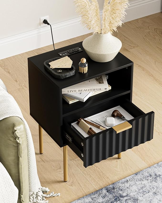 Masupu Nightstand with Charging Station, Mid-Century Modern Bedside Table with - Image 4