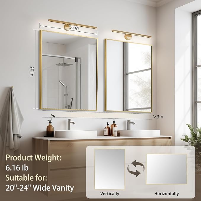 Brushed Gold Mirror, 16x20 Inch Aluminum Framed Rectangle Mirror, Tempered Glass - Image 7