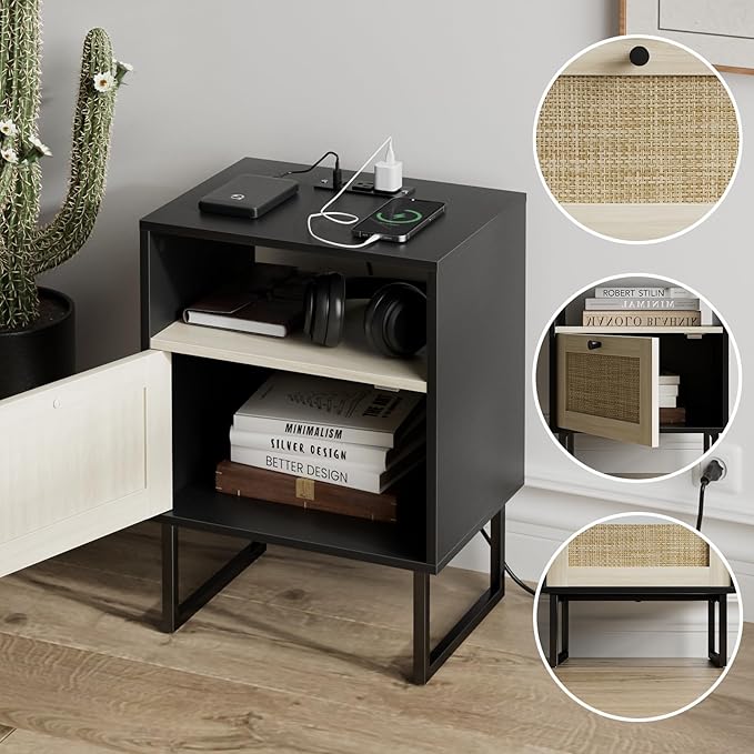 Masupu Rattan Nightstand with Charging Station, Modern Boho Farmhouse Wood - Image 6