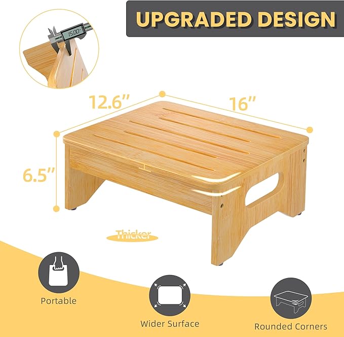 Wooden Step Stool for Adults & Kids, Non-Slip Rubber Feet, 6.5 Inch High - Image 3