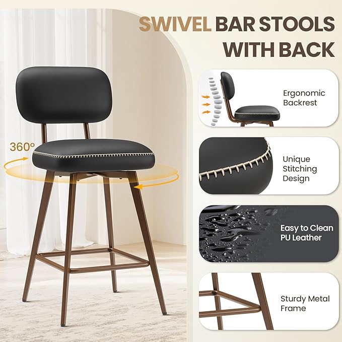 Swivel Bar Stools Set of 3, Mid Century PU Leather Counter Height Bar Chairs - Image 5