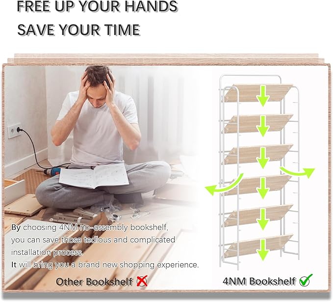4NM No Assembly Folding Bookshelf 6 Tiers Vintage Industrial White Book Shelf - Image 7