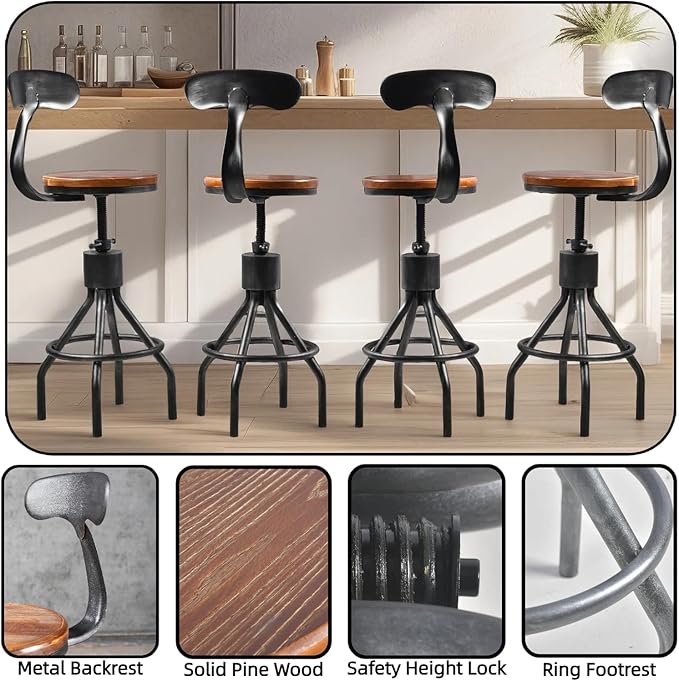 Set of 2 Vintage Bar Stool- Industrial Swivel Kitchen Dining Chair-Counter - Image 3