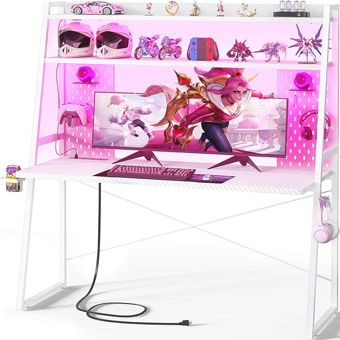 Gaming Desk with Hutch and LED Lights, Gaming Computer Desk with Power Outlets by Besiost