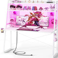 Gaming Desk with Hutch and LED Lights, Gaming Computer Desk with Power Outlets by Besiost