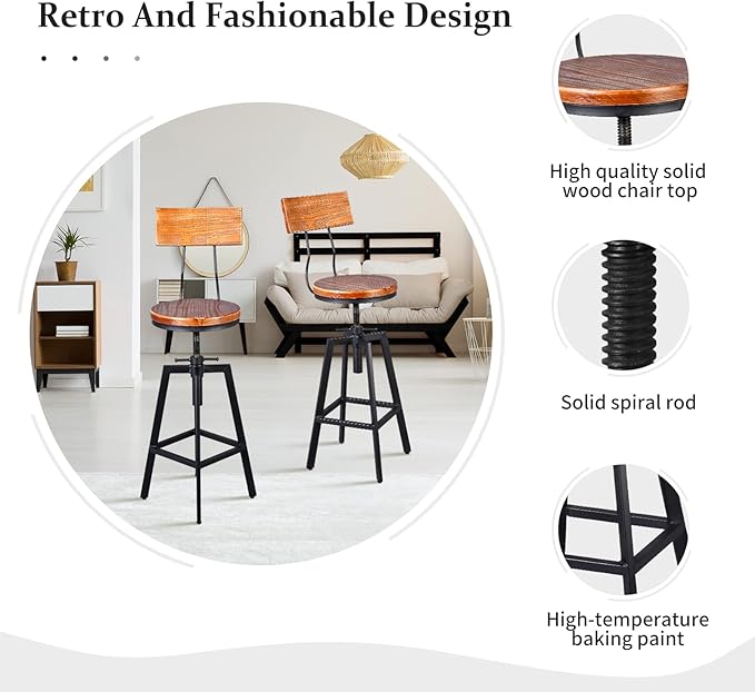 Diwhy Industrial Bar Stool Wood Metal Bar Stool, Adjustable Height Swivel - Image 3