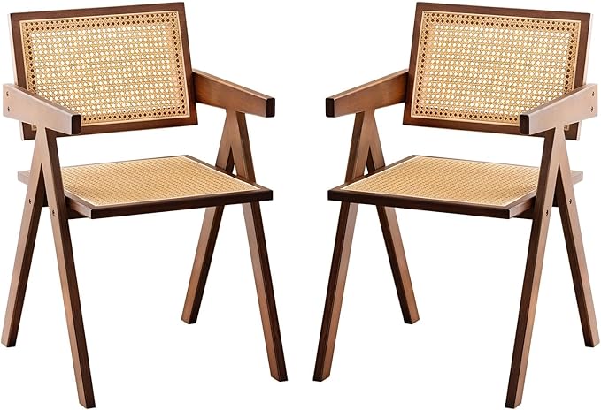Rattan Accent Chairs, Modern Mid Century Dining Chairs Set of 2, Comfy Armchairs by Furlide