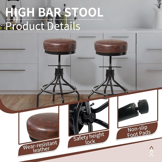 Industrial Barstools Set of 2 Adjustable Swivel Round Bar Stools Modern PU - Image 6