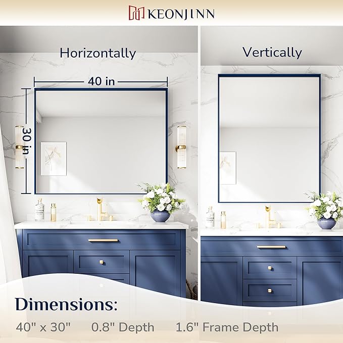 Keonjinn Blue Bathroom Mirror 40 x 30 Inch, Metal Frame Rectangular Wall Mirror - Image 7