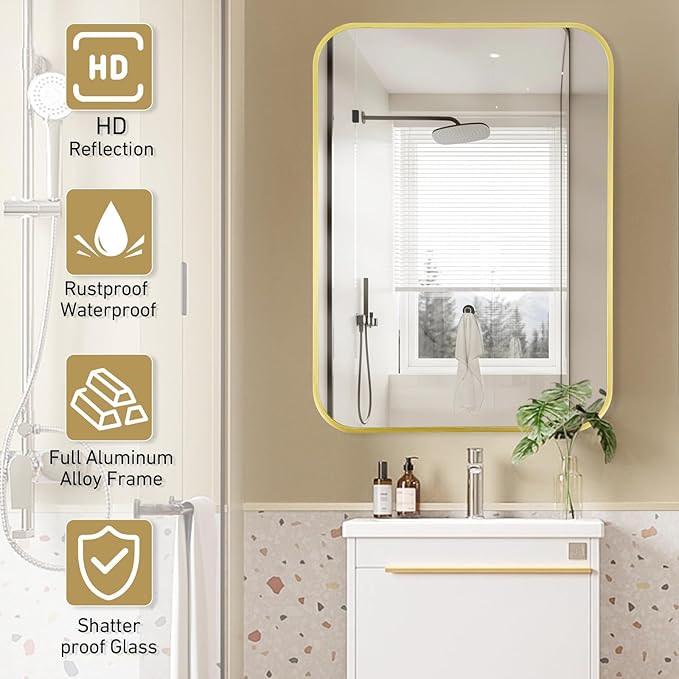 22x30 Inch Bathroom Mirror for Wall, Matte Gold Framed Rectangle Mirror - Image 4