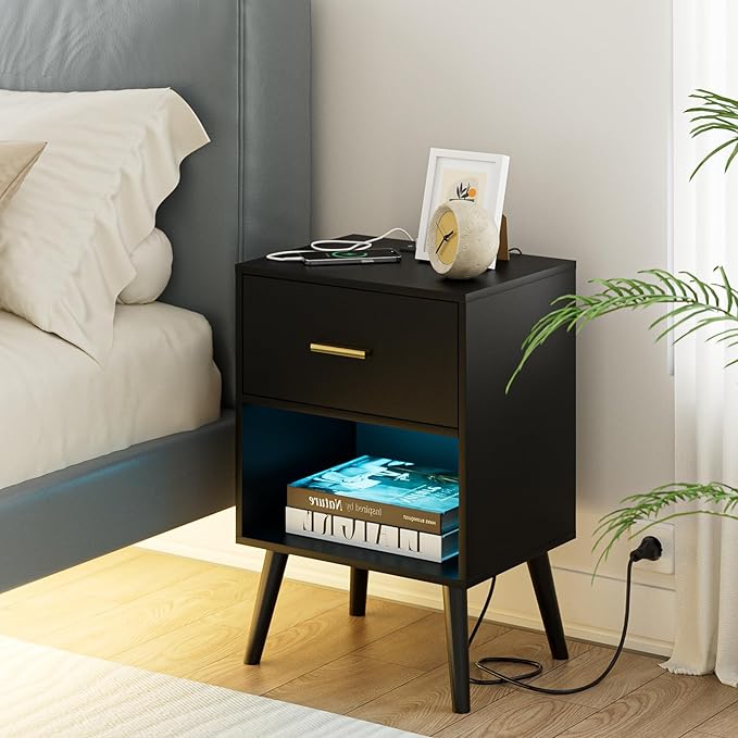 Nightstand with Charging Station and LED Lights, Small Side Table, Bedside - Image 6