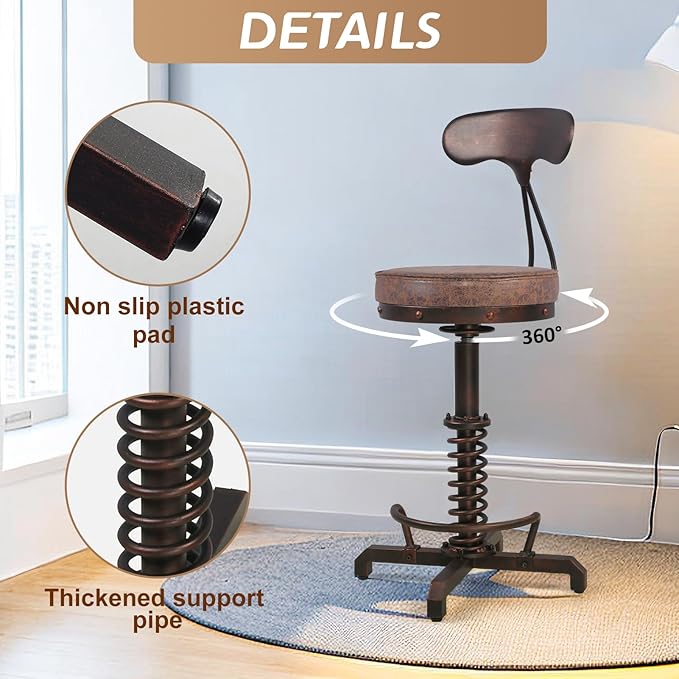 Industrial Bar Stool with Metal Backrest Rustic Coffee Stools with Swivel - Image 5