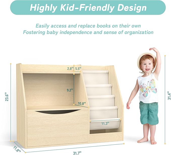 TOETOL 2 Tier Kids Bookshelf and Book Storage，4 Sling Toddler Bookshelf - Image 2