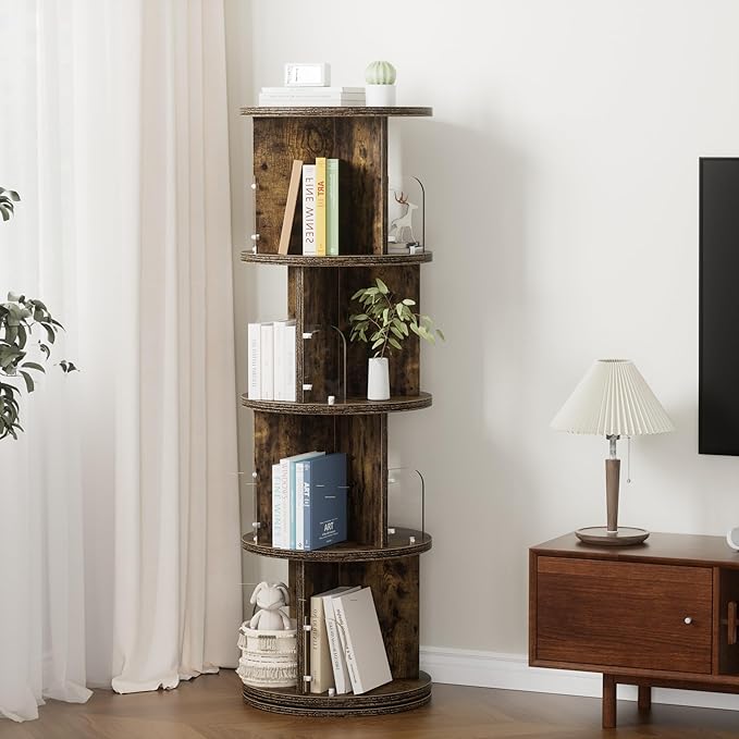 VECELO Rotating Bookshelf Tower, 360°Revolving Bookcase, Round Book Shelf - Image 7