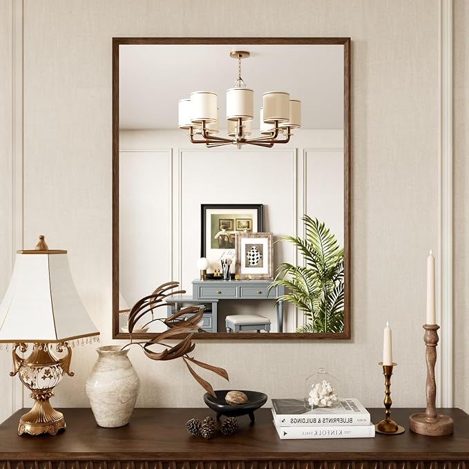 Rectangle Walnut Bathroom Mirror 28x36 Inch, Anti-Rust 4MM Tempered Glass by JISOSO