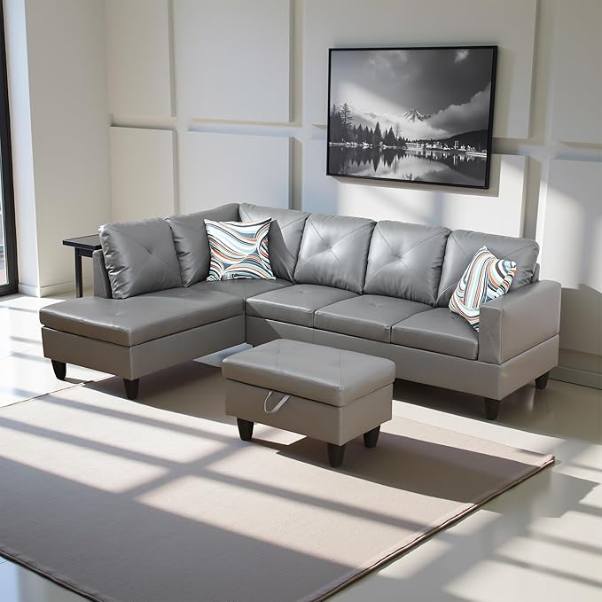 L Shaped Couch Faux Leather Sectional Couch Upholstered 3 Pieces Sofas - Image 3