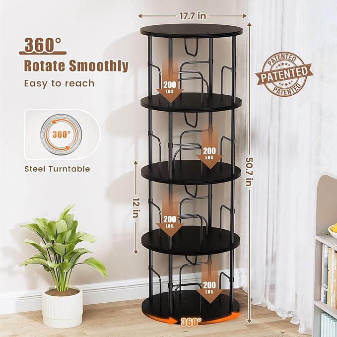 Rotating Bookshelf, 4 Tier Spinning Bookshelf Tower, 360° Display Round Bookcase - Image 2