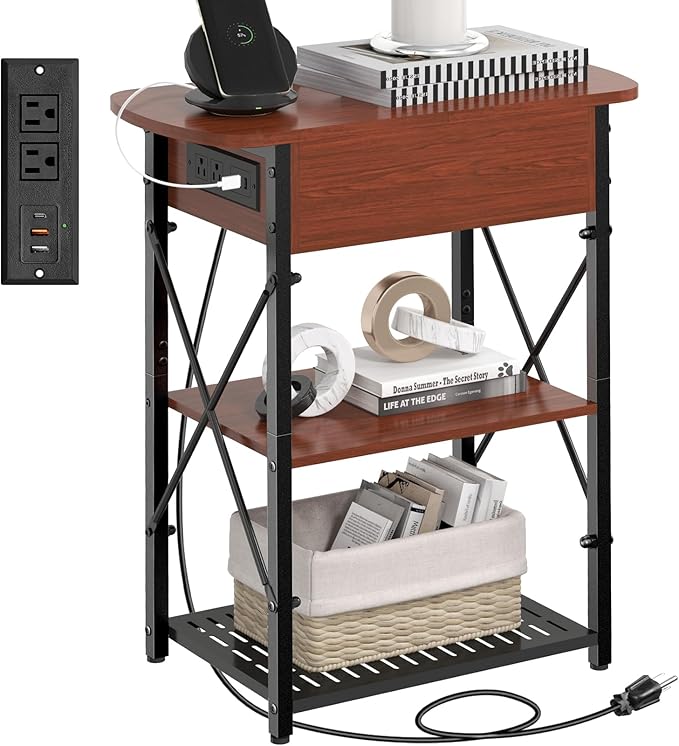 Narrow Side Table with Charging Station, End Table with 3 USB Ports and 2 AC by Livofloral