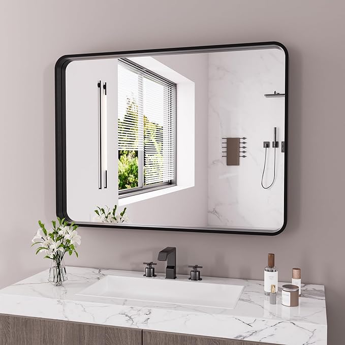 Black Bathroom Mirror 40X30 Inch, Rounded Rectangle Matte Bathroom Vanity Mirror by JISOSO