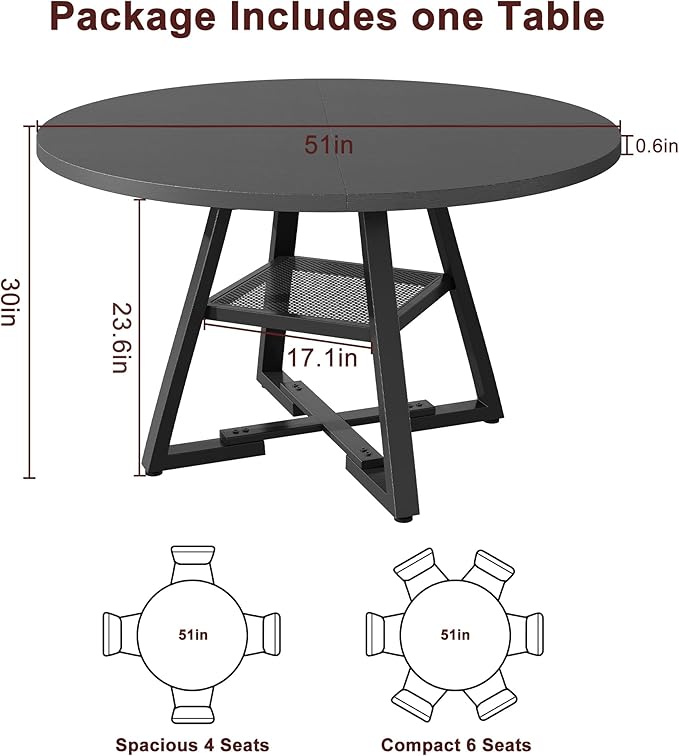 51'' Round Dining Table for 6, Kitchen Dining Room Circle Dinner Pedestal Table - Image 2