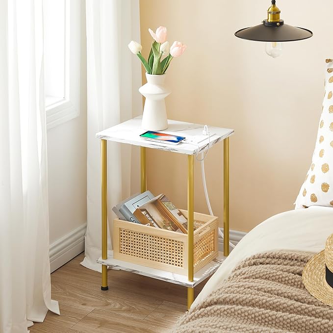 HOOBRO Side Table with Charging Station, Nightstand with 2-Layer Storage Shelves - Image 4