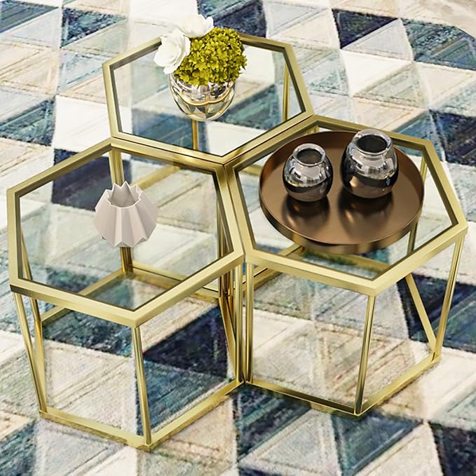 Gold Glass Coffee Table Modern Glass Center Table, Hexagon Free Combination by LUGSHIREE