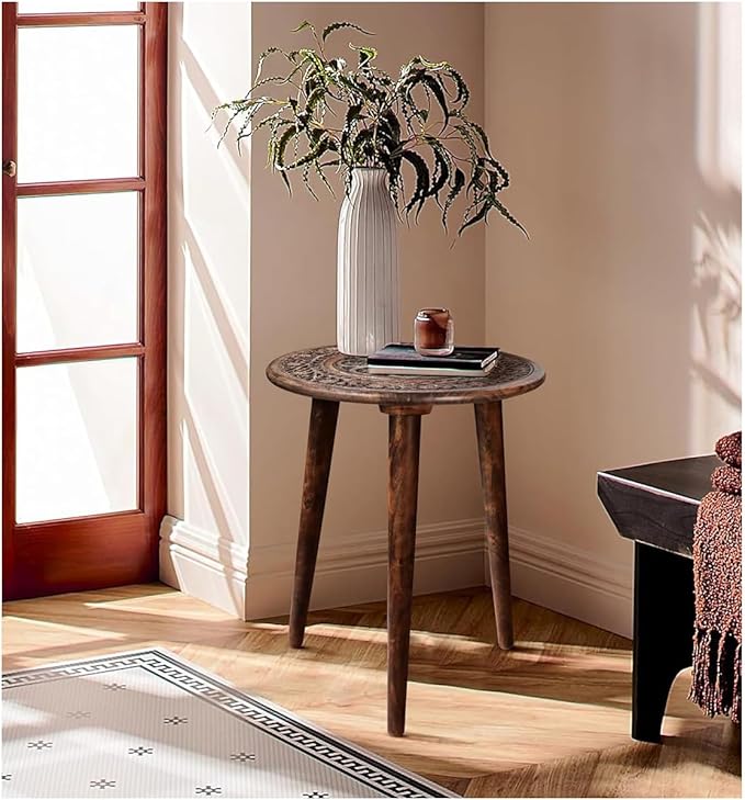 Wooden Table with 3 Legs Pillar, Carving End Tables, Round Coffee Table - Image 2