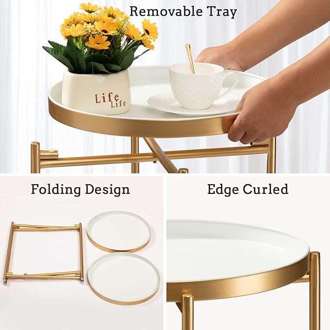 TeoKJ 2 Tier Gold Side Table, Folding Round Metal End Table Small Nightstand - Image 7