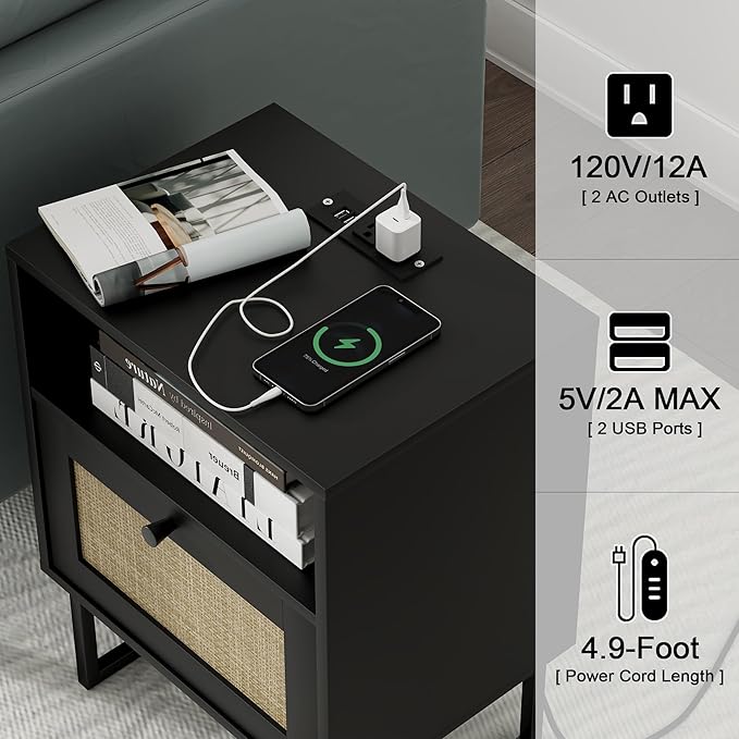 Masupu Extra Large Rattan Nightstand, Boho Night Stand Modern Farmhouse Wood - Image 3