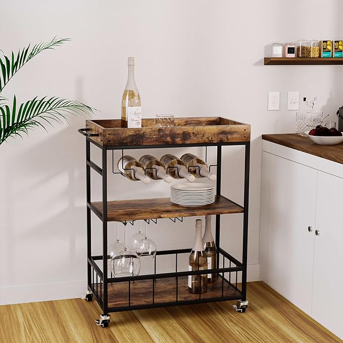 Bar Cart Serving Wine 3 Tier Home Rolling Rack - Image 7
