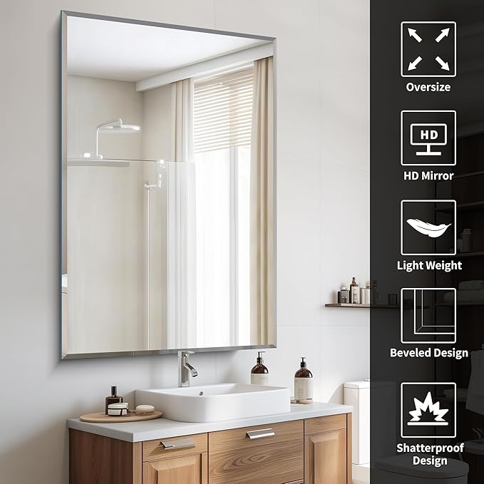 55x36 Large Beveled Mirror, Frameless Beveled Bathroom Mirrors - Image 3