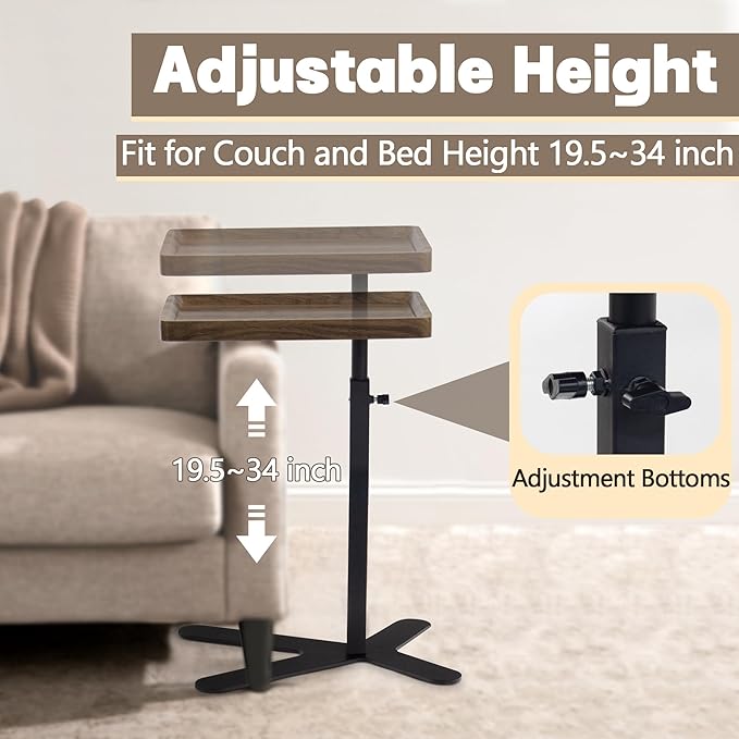 Aoligrace Walnut Side Table Adjustable Height, 360° Swivel C Shaped End Table - Image 2