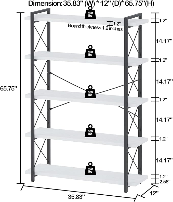 HCHQHS Bookshelf, 5-Tier Industrial Bookcase, Open Book Shelf, Freestanding - Image 2