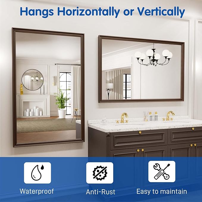 WEER Retro Copper Bathroom Mirror, 48x30 Inch Bronze Oil Rubbed Framed Mirror - Image 6