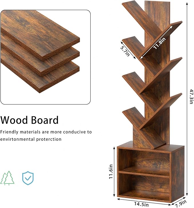 10 Tier Tree Bookshelf, Floor Standing Wood Tall Bookcase - Image 3