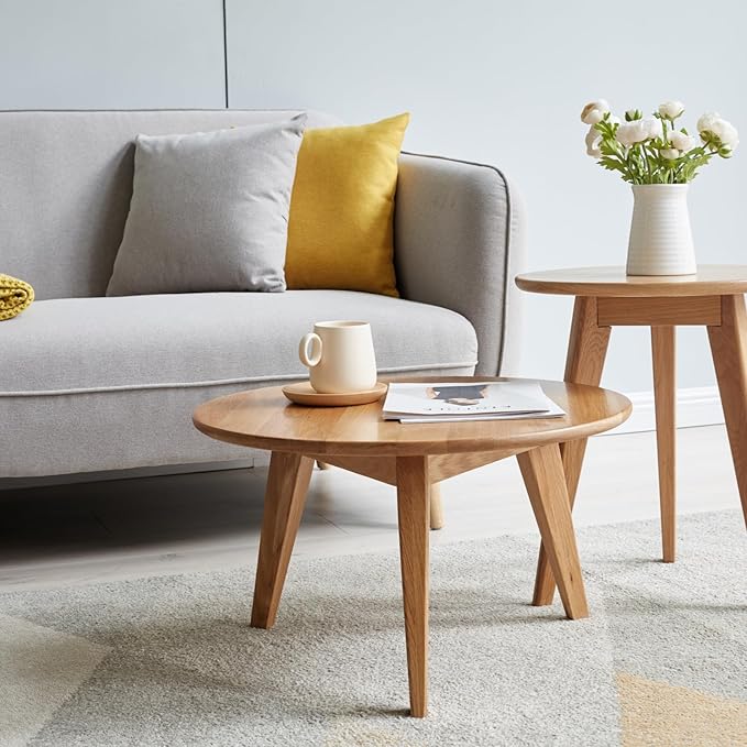 100% Solid Oak Wood Coffee Table Set, Round Coffee Table Combo Side Table - Image 6