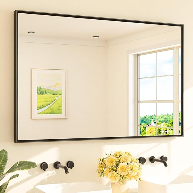 TETOTE Black Bathroom Mirror for Over Sink 55" x 36" Large Matte Black Beveled by TETOTE