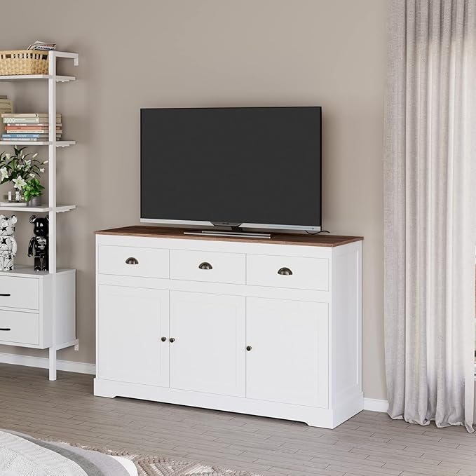 Keyluv White Buffet Cabinet Storage Sideboard Farmhouse Server Bar Wine Cabinet - Image 9