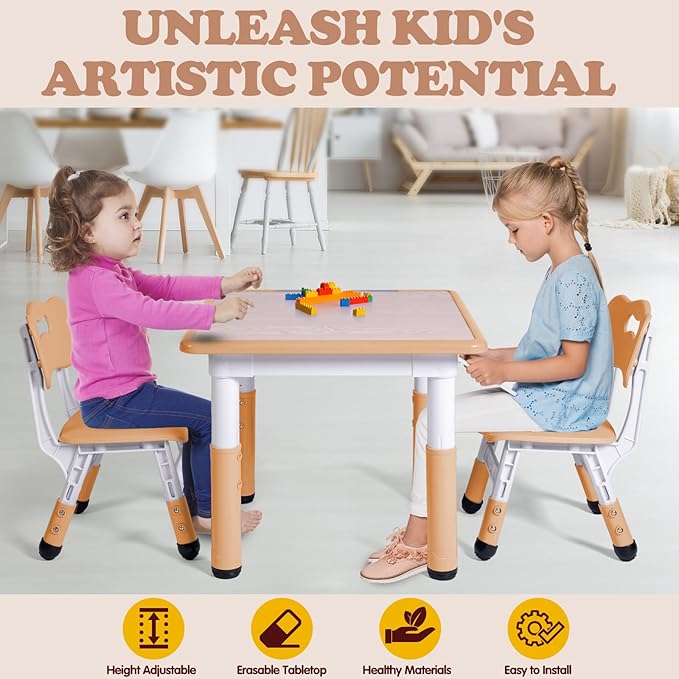 Kids Table and 2 Chairs Set, Height Adjustable Toddler Study Table and Chair Set - Image 3