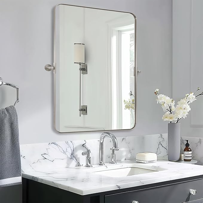 MOON MIRROR 22" x 30" Brushed Nickel Metal Framed Pivot Rectangle Bathroom - Image 6