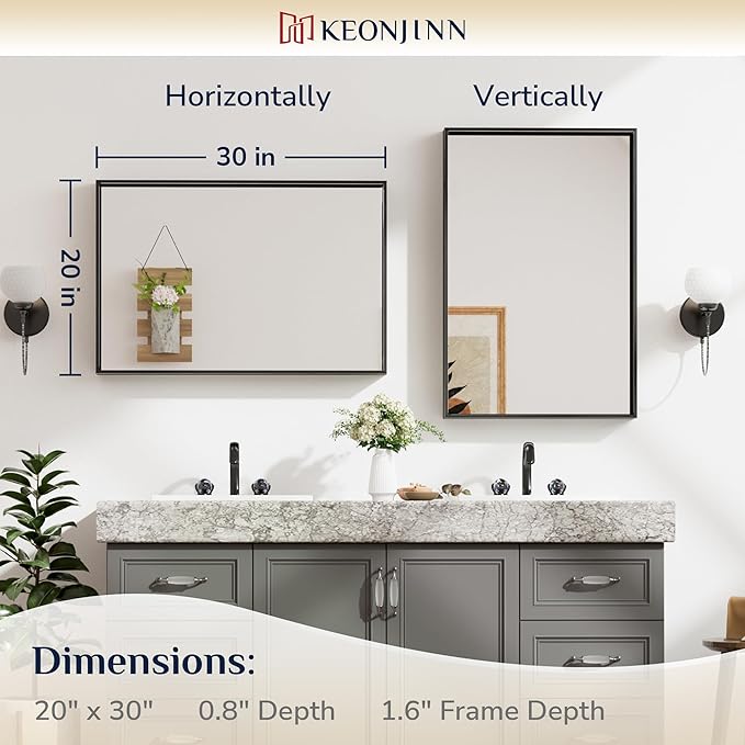 Keonjinn Black Mirror for Bathroom 20 x 30 Inch Brushed Framed Mirror, - Image 7