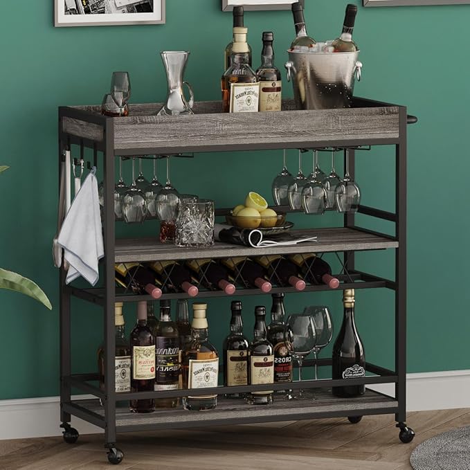 BON AUGURE Bar Cart, Home Bar Serving Cart on Wheels, Mobile 3 Tier Liquor - Image 2